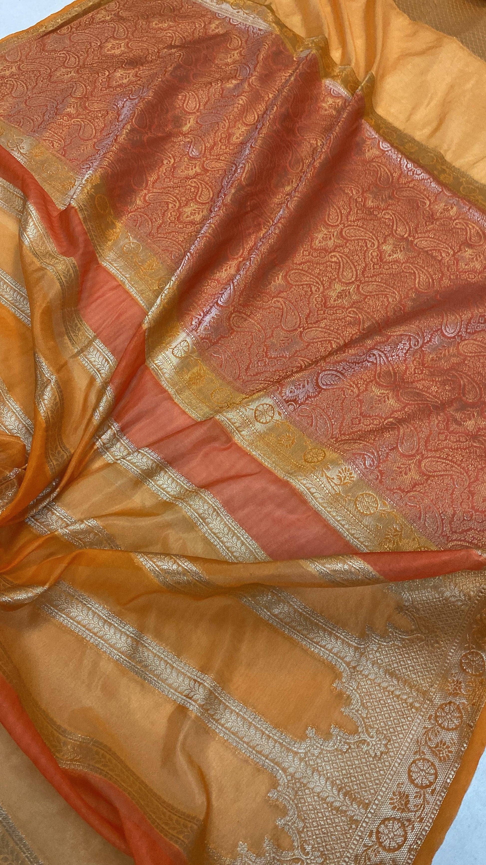 Handwoven Orange Rangkaat Banarasi Silk Sari by Shades Of Benares - banarasi - banarasi saree shop