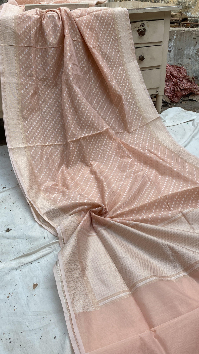 Handwoven Pastel Brown Pure Banarasi Cotton Sari by Shades Of Benares - banarasi - banarasi saree shop