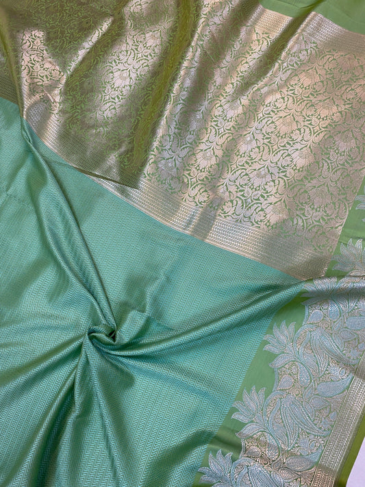 Handwoven Pastel Green Pure Banarasi Silk Sari by Shades Of Benares - banarasi - banarasi saree shop