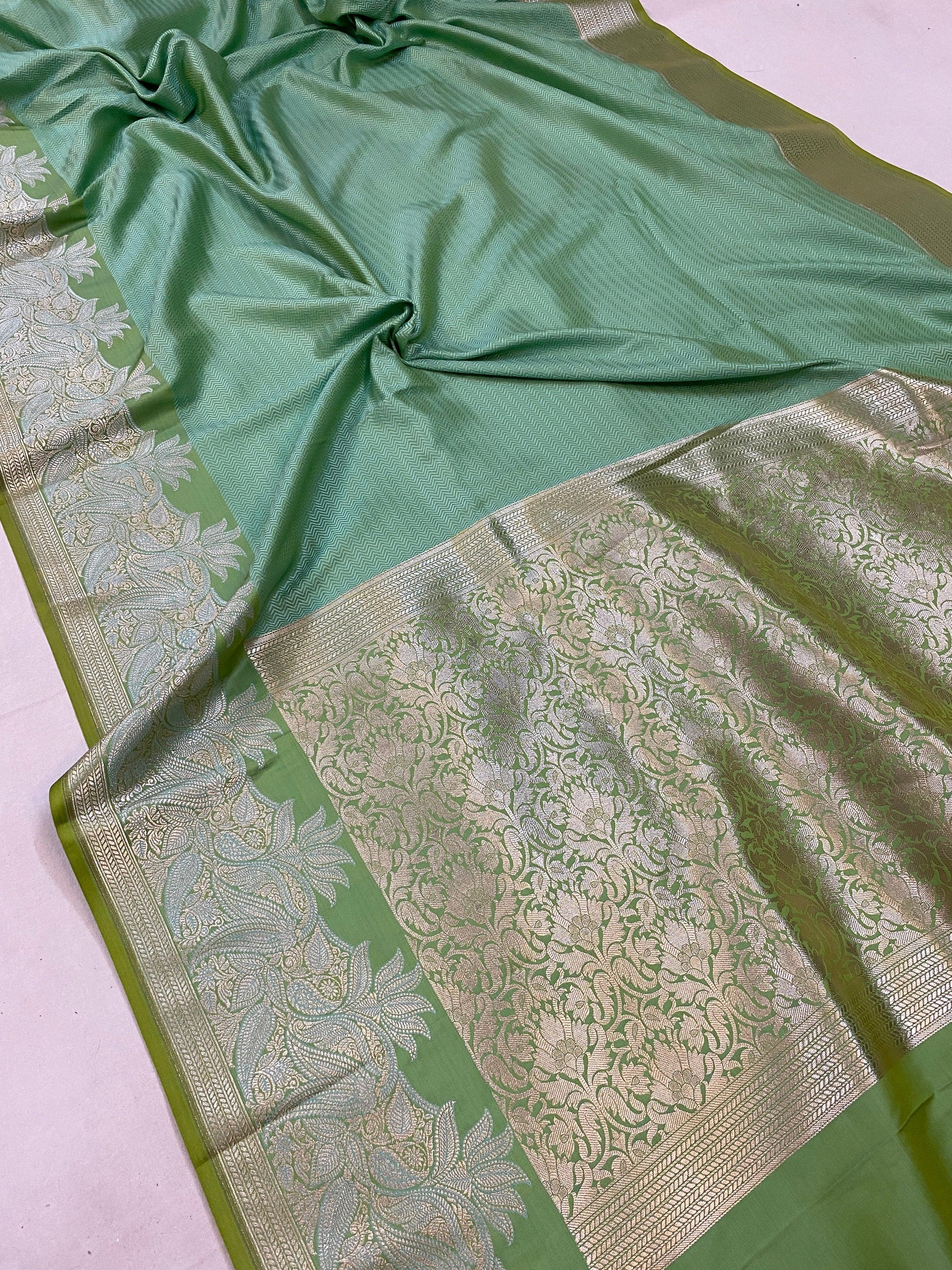 Handwoven Pastel Green Pure Banarasi Silk Sari by Shades Of Benares - banarasi - banarasi saree shop