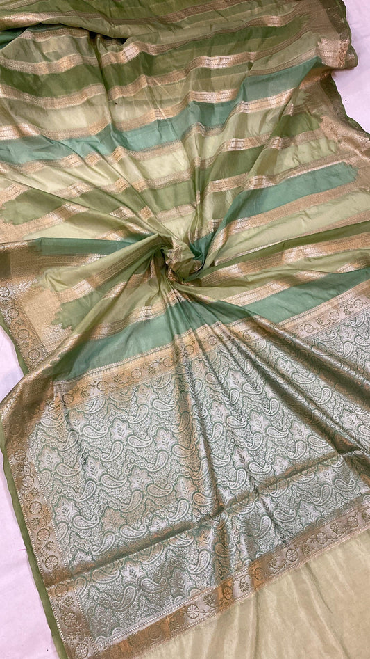 Handwoven Pastel Green Rangkaat Banarasi Silk Sari by Shades Of Benares - banarasi - banarasi saree shop