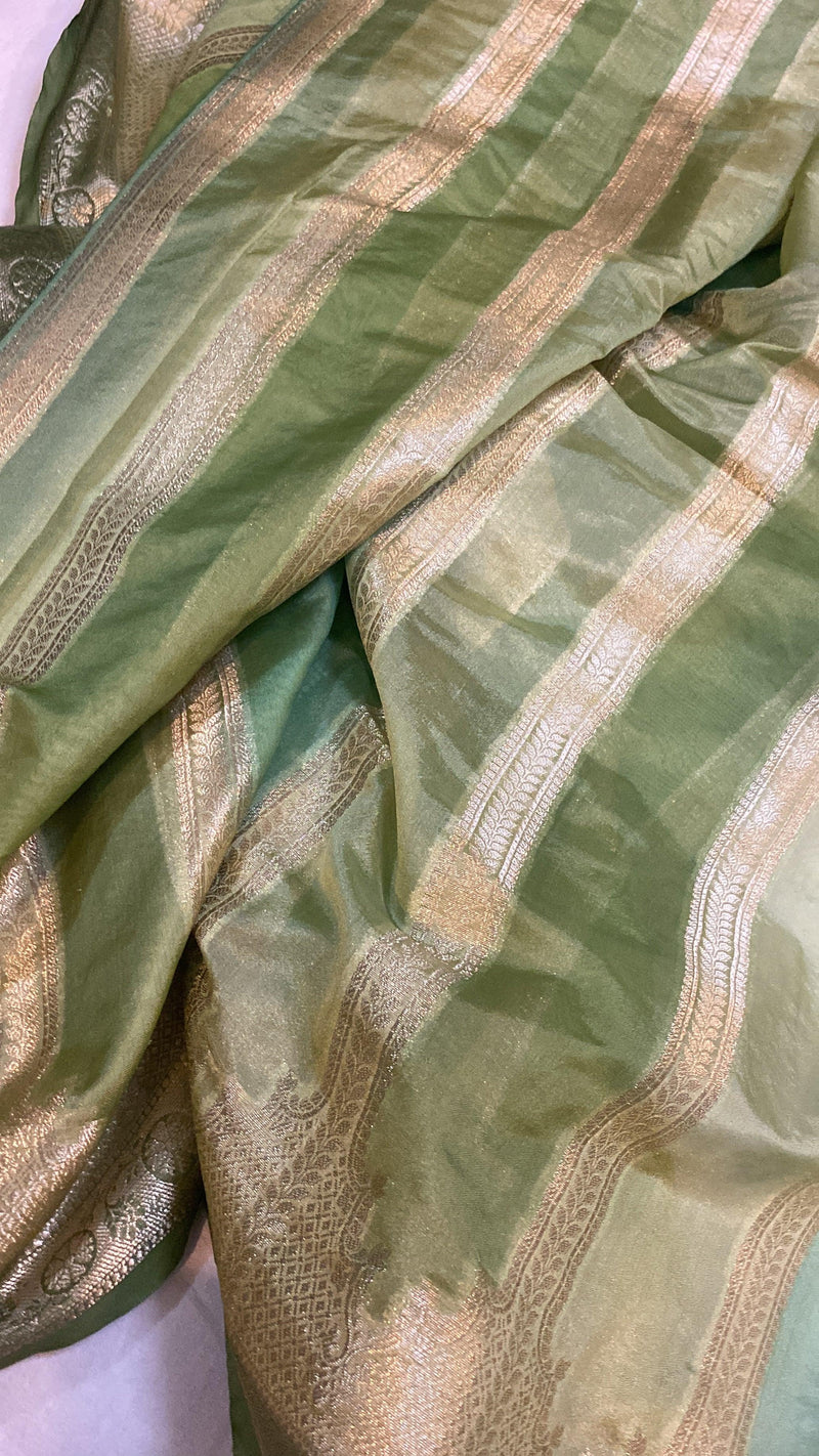 Handwoven Pastel Green Rangkaat Banarasi Silk Sari by Shades Of Benares - banarasi - banarasi saree shop