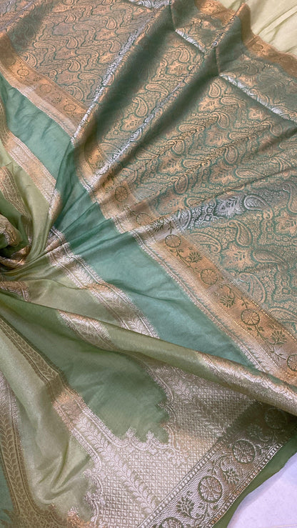 Handwoven Pastel Green Rangkaat Banarasi Silk Sari by Shades Of Benares - banarasi - banarasi saree shop