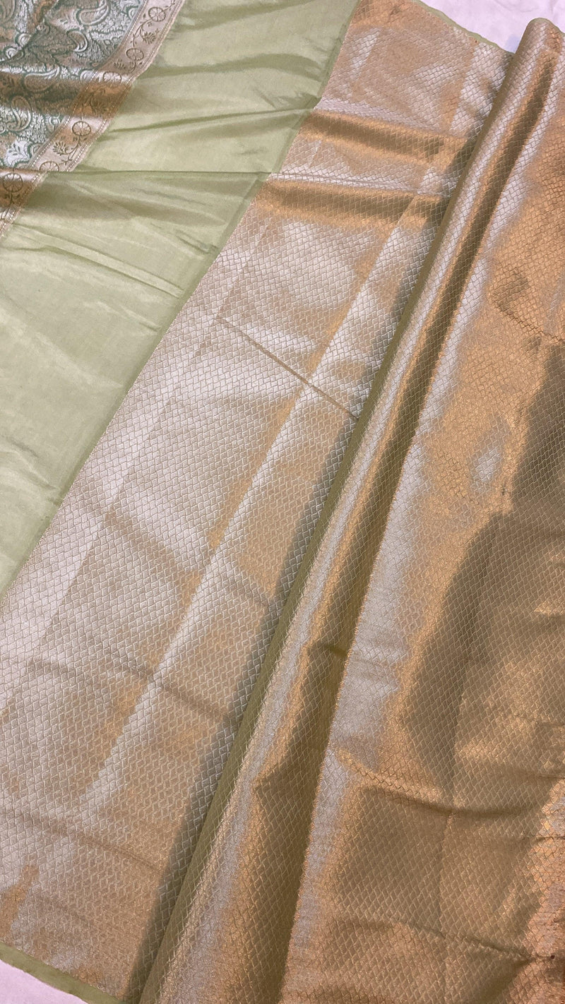 Handwoven Pastel Green Rangkaat Banarasi Silk Sari by Shades Of Benares - banarasi - banarasi saree shop