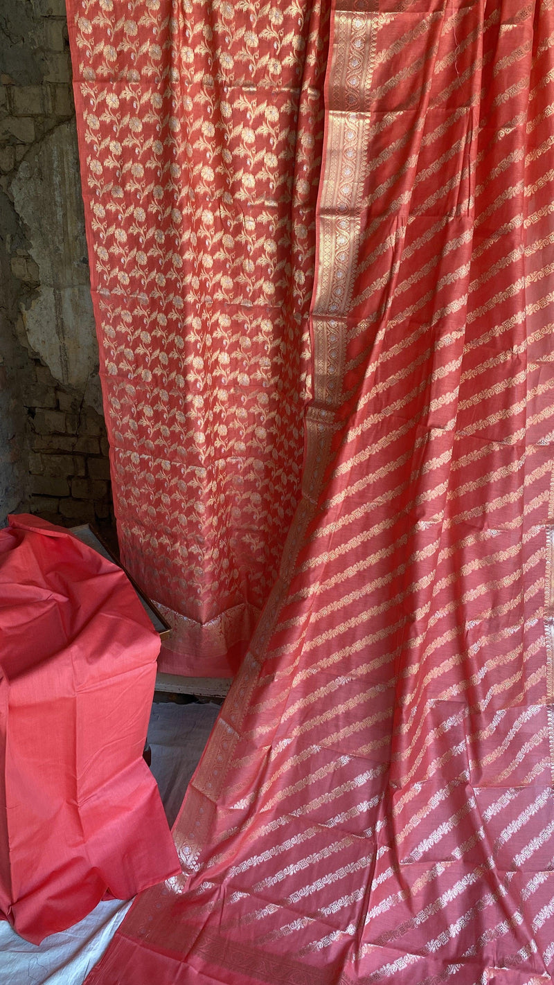 Handwoven Peach Cotton Silk 3 pcs Dress Material - Shades Of Benares