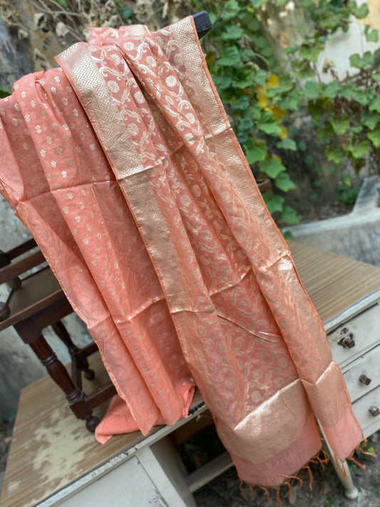 Handwoven Peach Organza 3 pcs Dress Material by Shades Of Benares - banarasi - banarasi saree shop