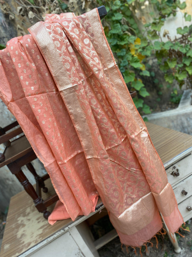 Handwoven Peach Organza 3 pcs Dress Material - Shades Of Benares