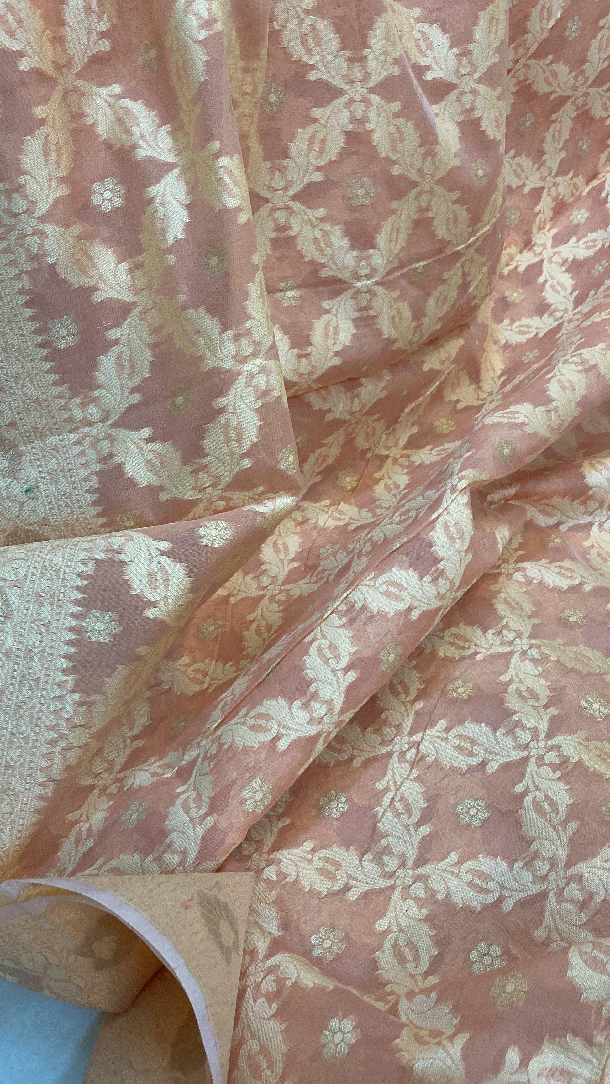 Handwoven Peach Pure Banarasi Cotton Sari by Shades Of Benares - banarasi - banarasi saree shop