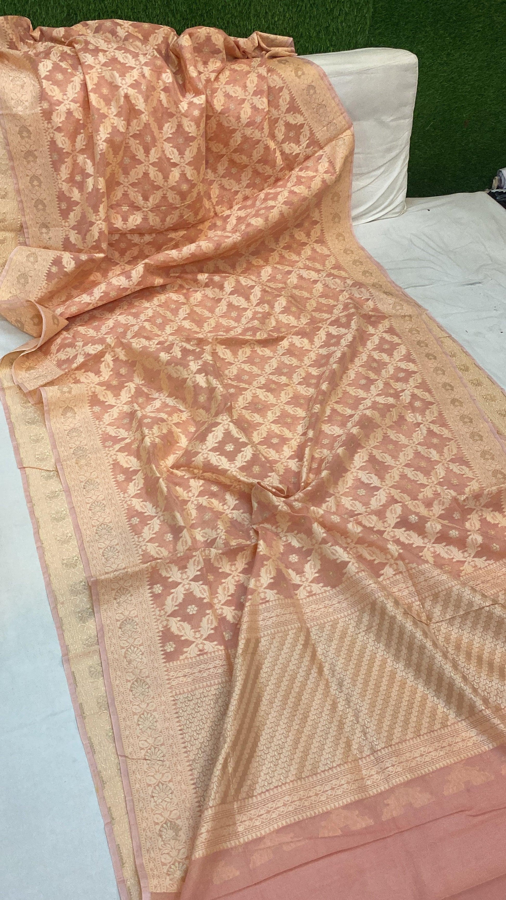 Handwoven Peach Pure Banarasi Cotton Sari by Shades Of Benares - banarasi - banarasi saree shop