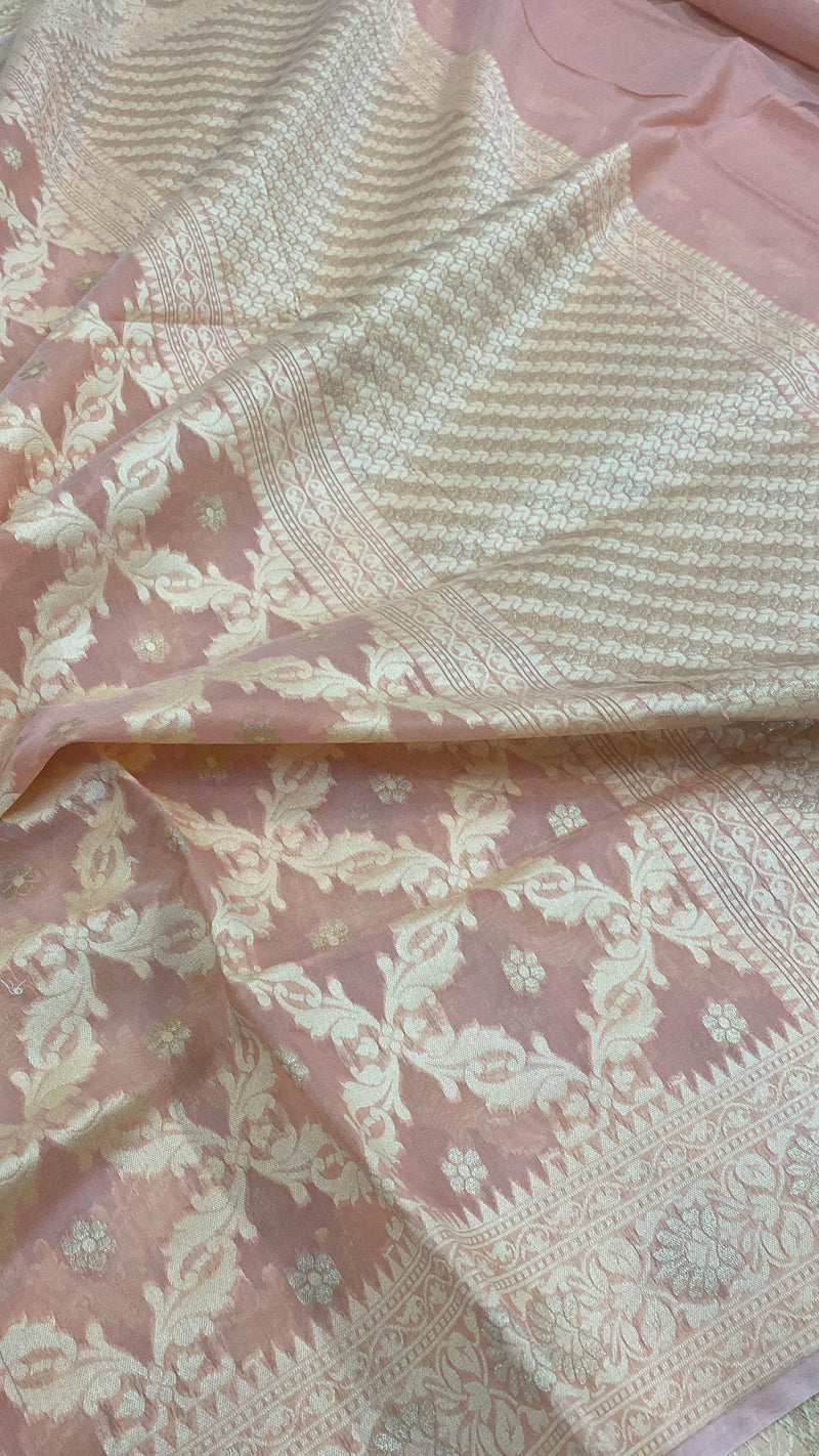 Handwoven Peach Pure Banarasi Cotton Sari by Shades Of Benares - banarasi - banarasi saree shop