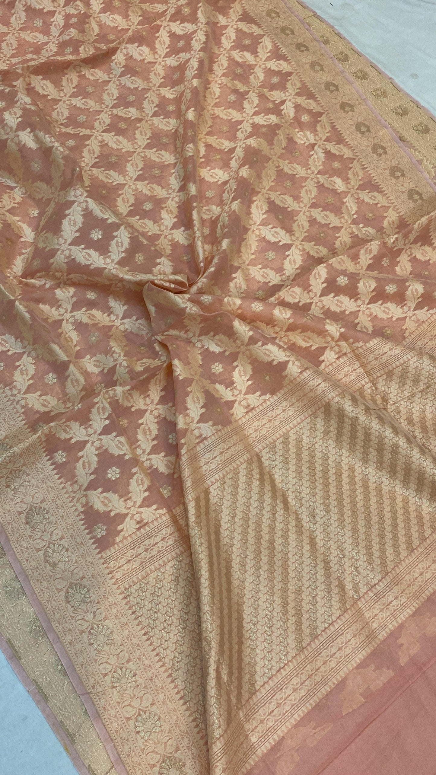 Handwoven Peach Pure Banarasi Cotton Sari by Shades Of Benares - banarasi - banarasi saree shop