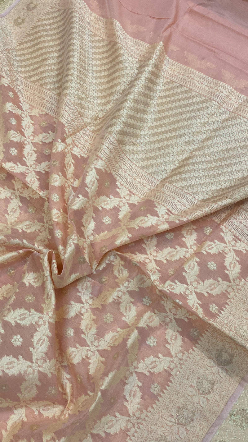 Handwoven Peach Pure Banarasi Cotton Sari by Shades Of Benares - banarasi - banarasi saree shop