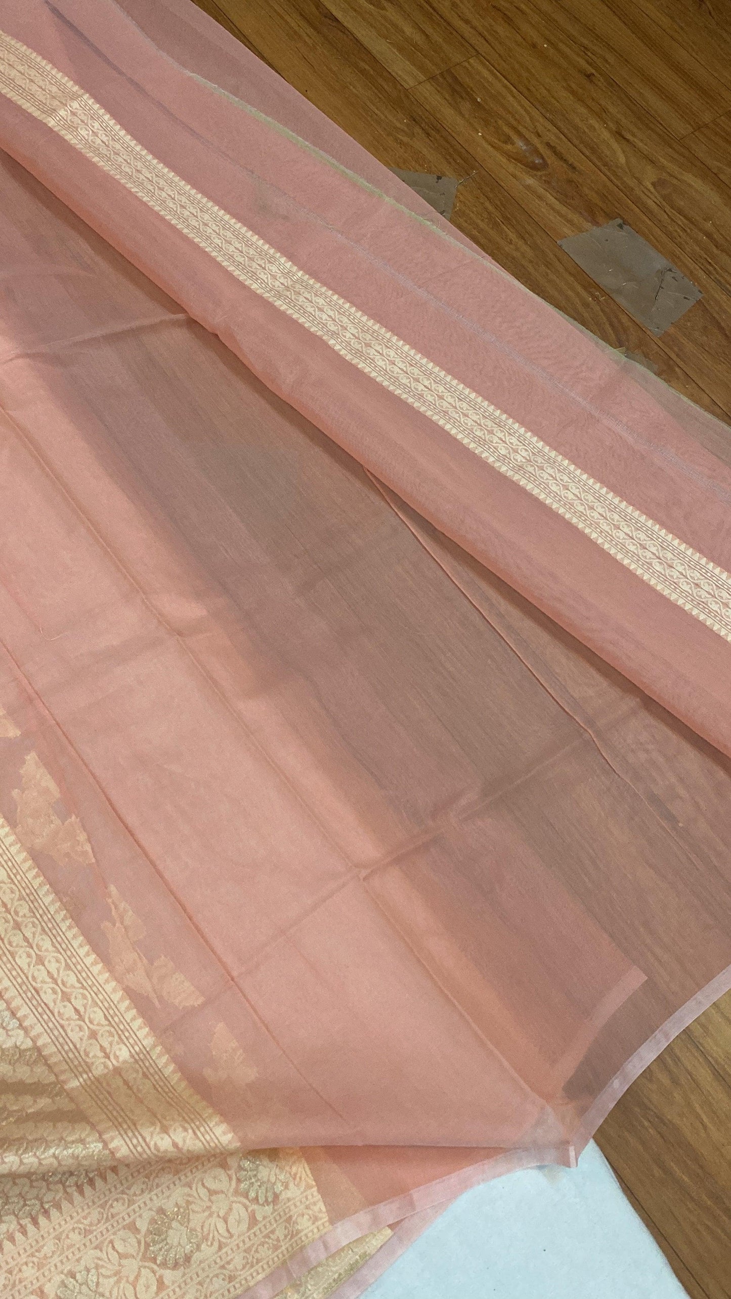 Handwoven Peach Pure Banarasi Cotton Sari by Shades Of Benares - banarasi - banarasi saree shop