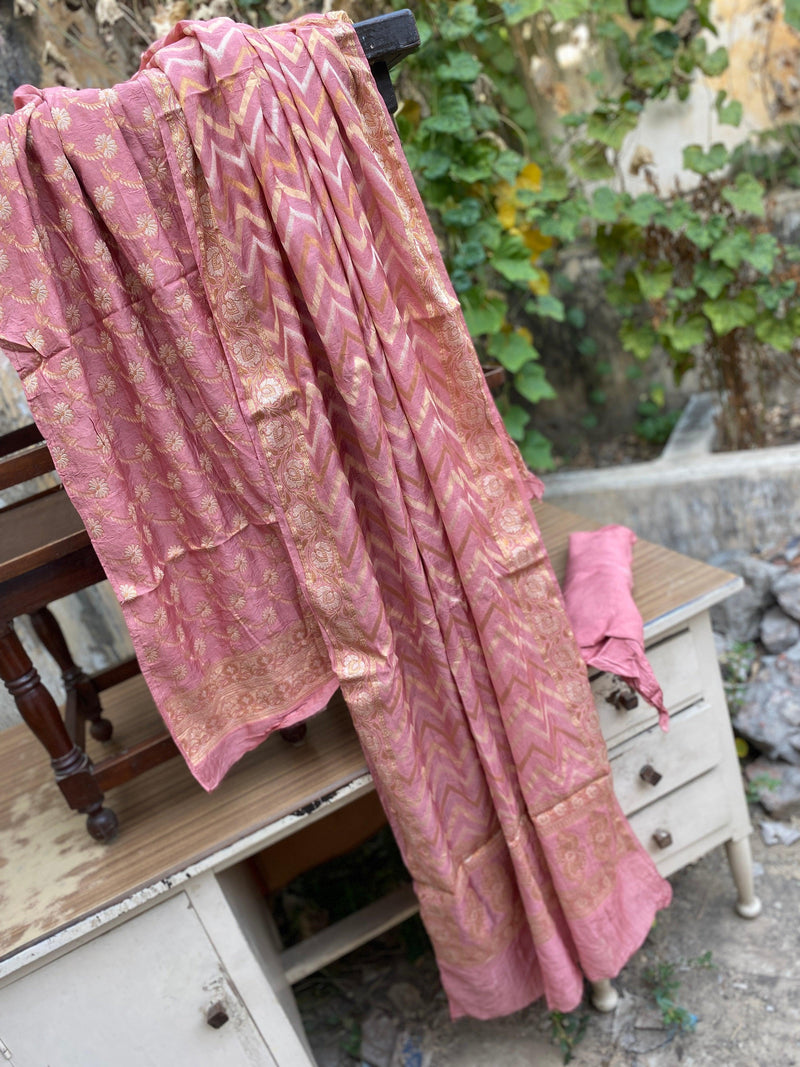 Handwoven Peach Pure Banarasi Cotton Silk 3 pcs ladies Suit by Shades Of Benares - banarasi - banarasi saree shop