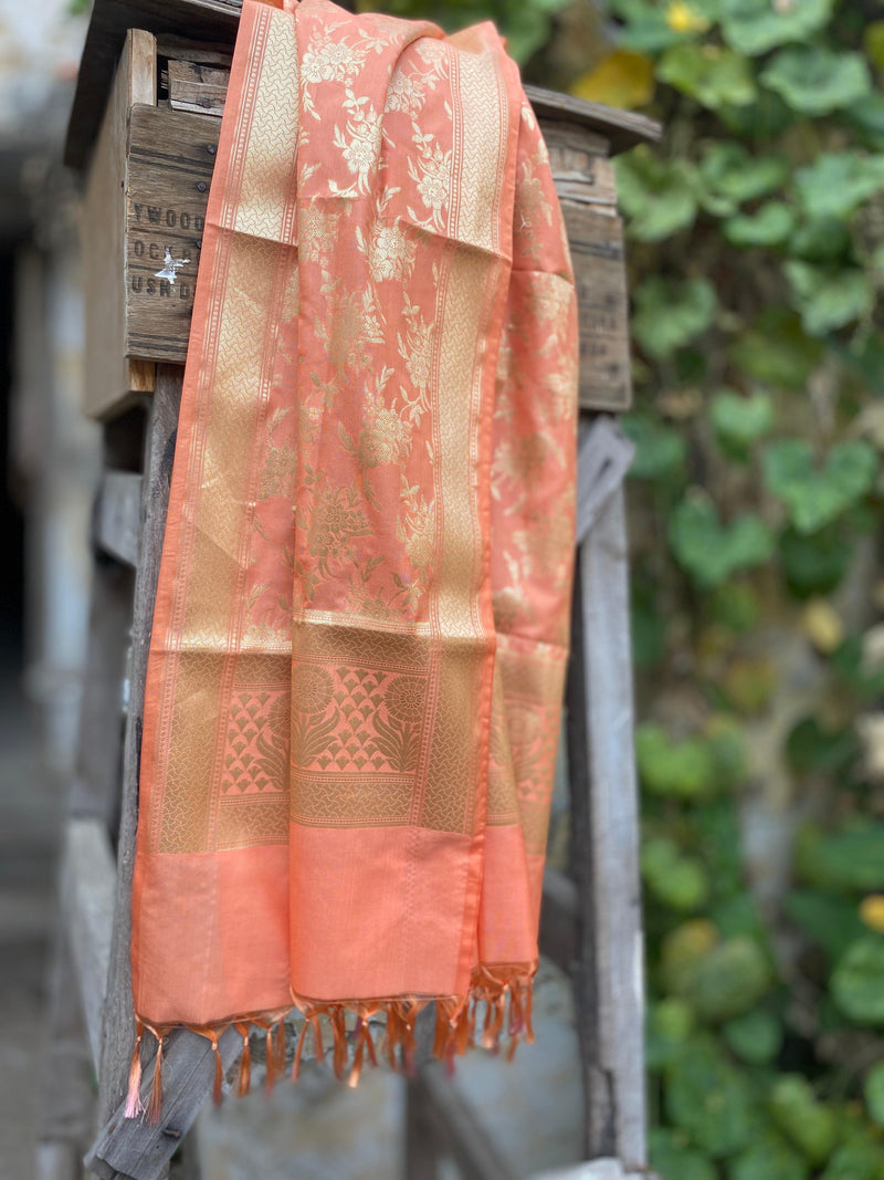 Handwoven Peach Silk Dupatta by Shades Of Benares - banarasi - banarasi saree shop