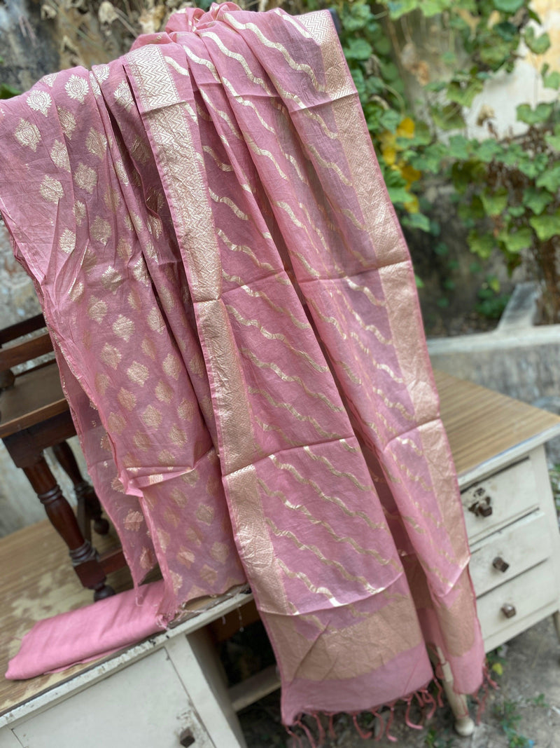 Handwoven Pink Organza 3 pcs Dress Material - Shades Of Benares