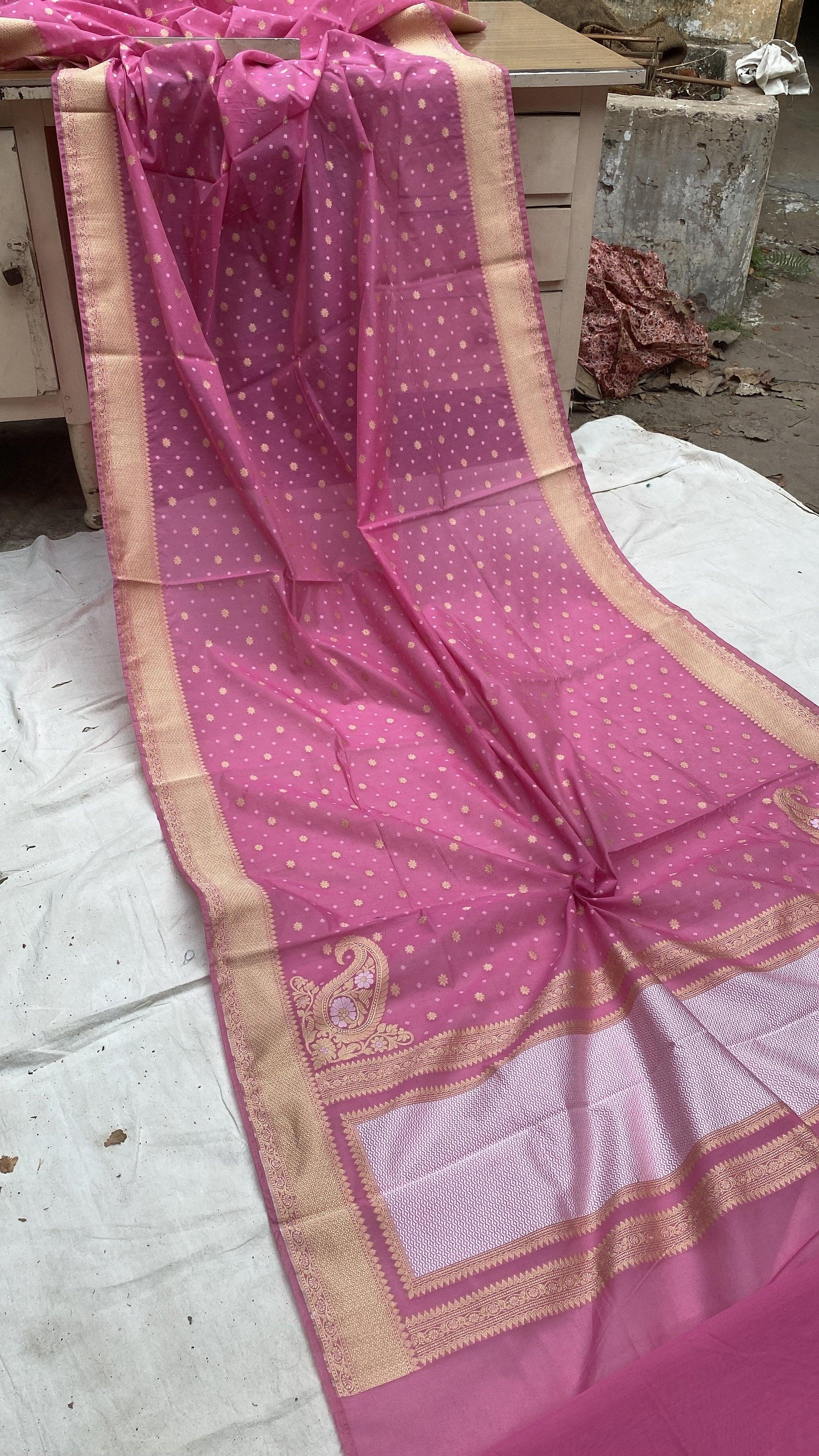 Handwoven Pink Pure Banarasi Cotton Sari by Shades Of Benares - banarasi - banarasi saree shop