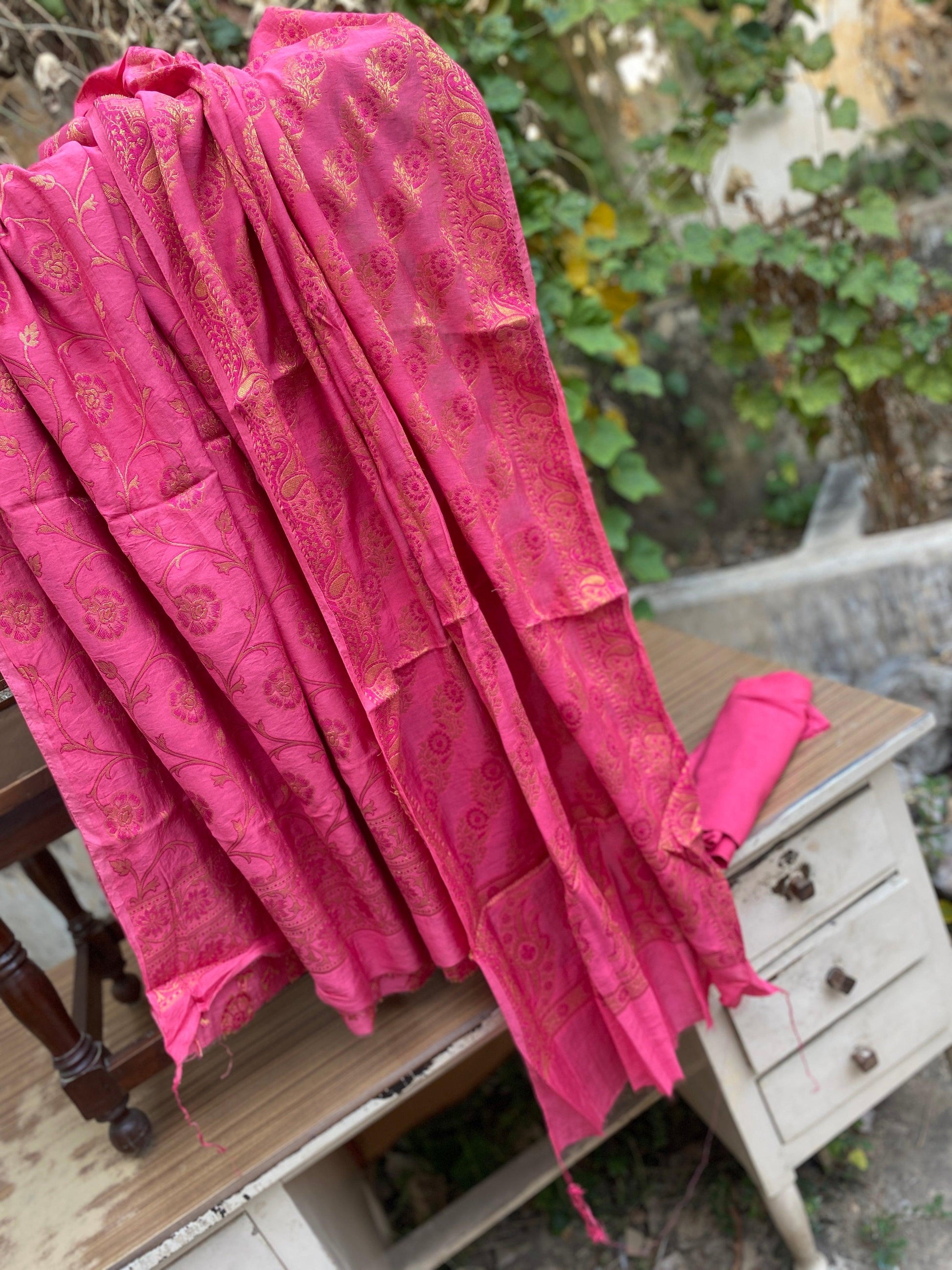 Handwoven Pink Pure Banarasi Cotton Silk 3 pcs ladies Suit by Shades Of Benares - banarasi - banarasi saree shop