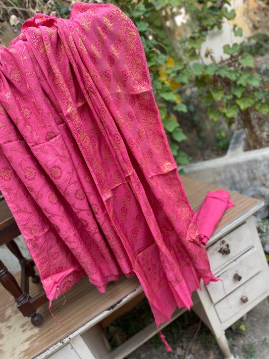 Handwoven Pink Pure Banarasi Cotton Silk 3 pcs ladies Suit by Shades Of Benares - banarasi - banarasi saree shop