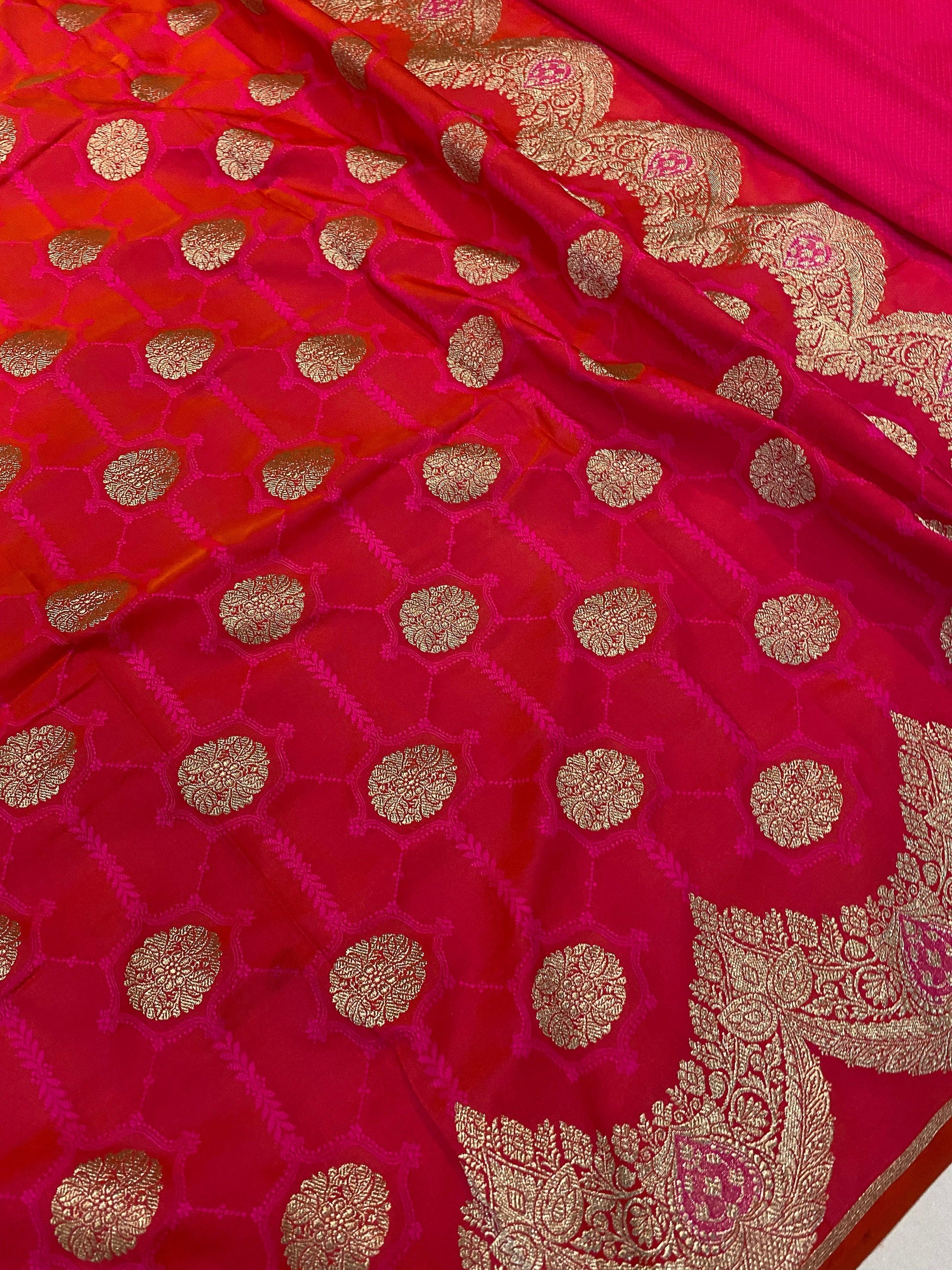 Handwoven Pinkish Orange Pure Banarasi Silk Sari by Shades Of Benares - banarasi - banarasi saree shop