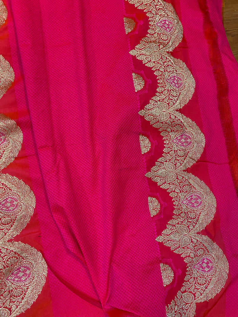 Handwoven Pinkish Orange Pure Banarasi Silk Sari by Shades Of Benares - banarasi - banarasi saree shop