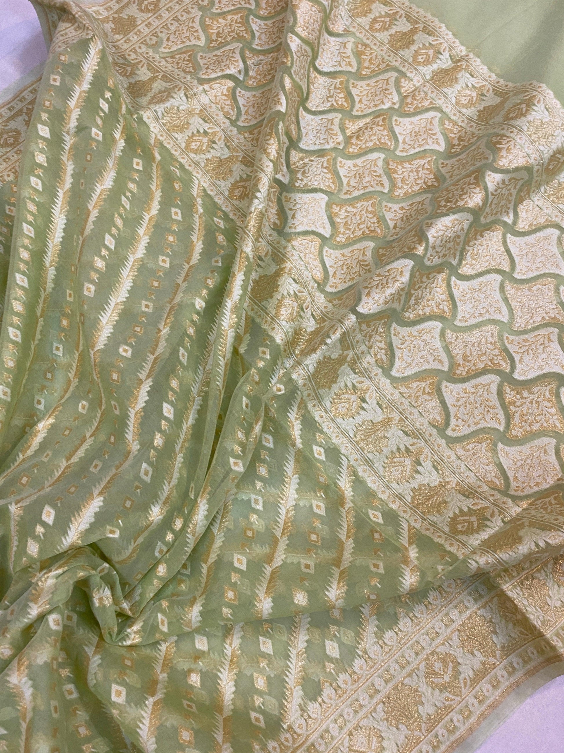 Handwoven Pista Green Pure Banarasi Cotton Sari by Shades Of Benares - banarasi - banarasi saree shop