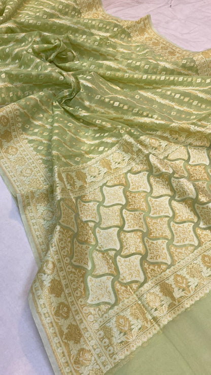 Handwoven Pista Green Pure Banarasi Cotton Sari by Shades Of Benares - banarasi - banarasi saree shop