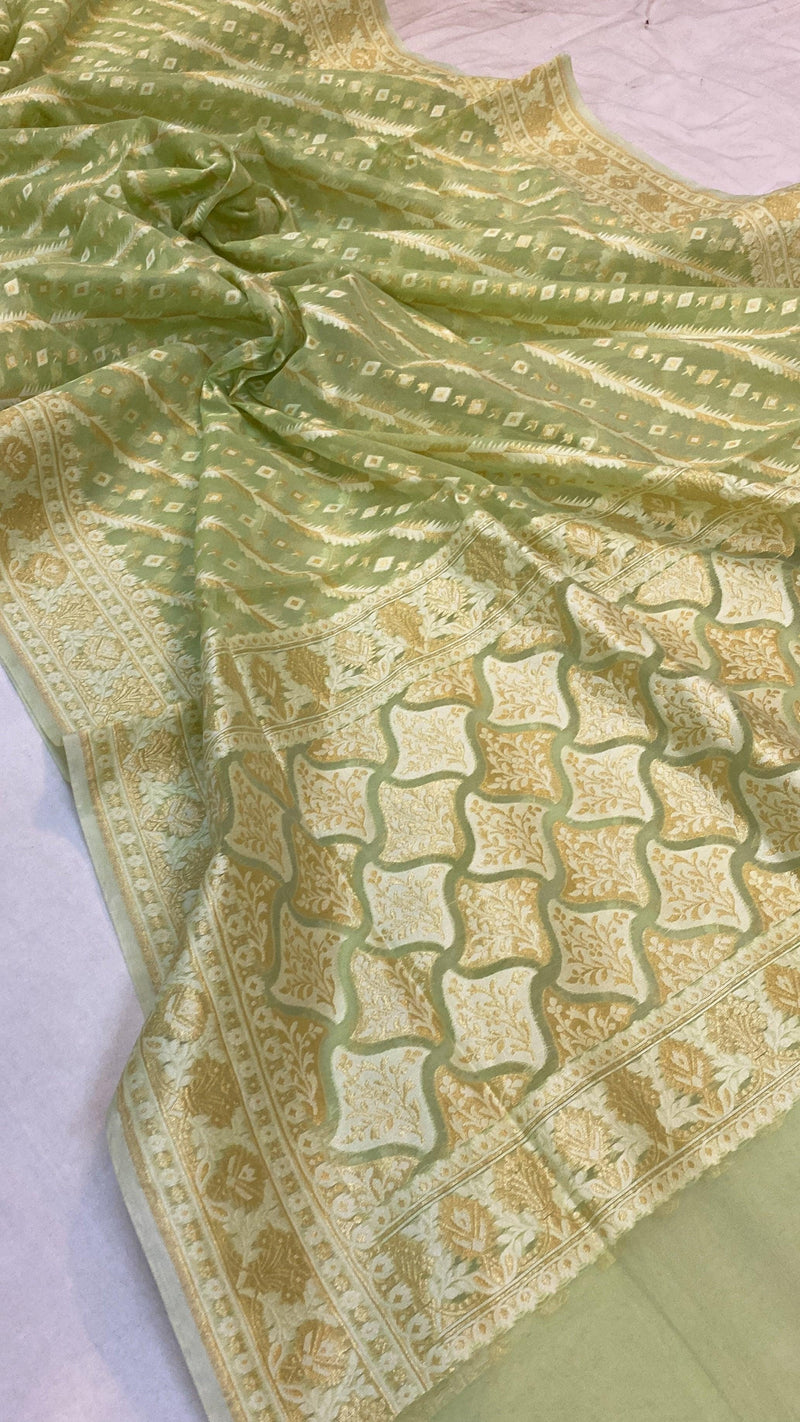 Handwoven Pista Green Pure Banarasi Cotton Sari - Shades Of Benares