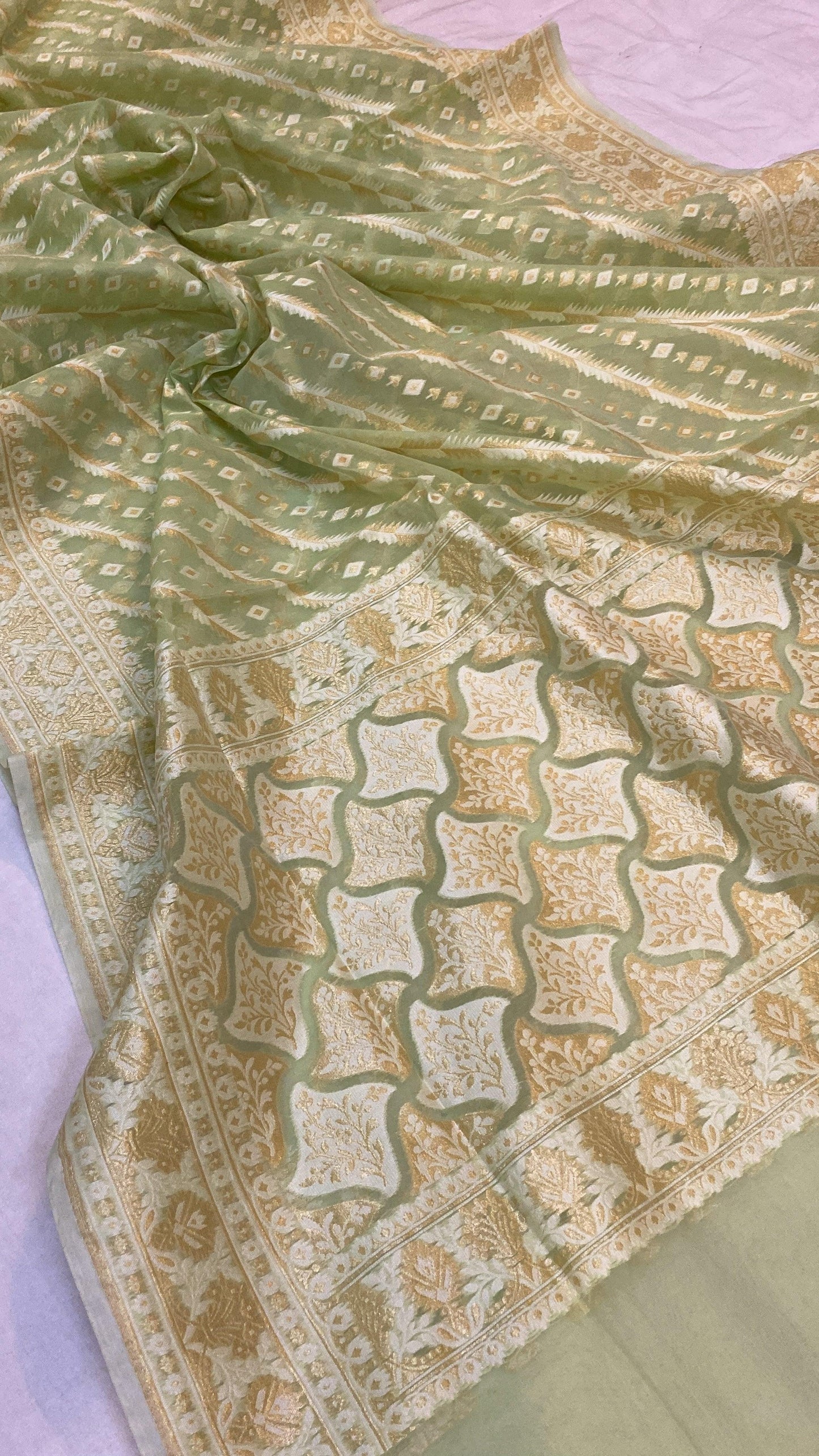 Handwoven Pista Green Pure Banarasi Cotton Sari by Shades Of Benares - banarasi - banarasi saree shop