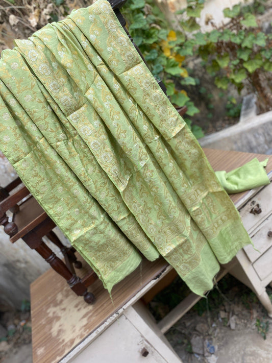 Handwoven Pista Green Pure Banarasi Cotton Silk 3 pcs ladies Suit by Shades Of Benares - banarasi - banarasi saree shop