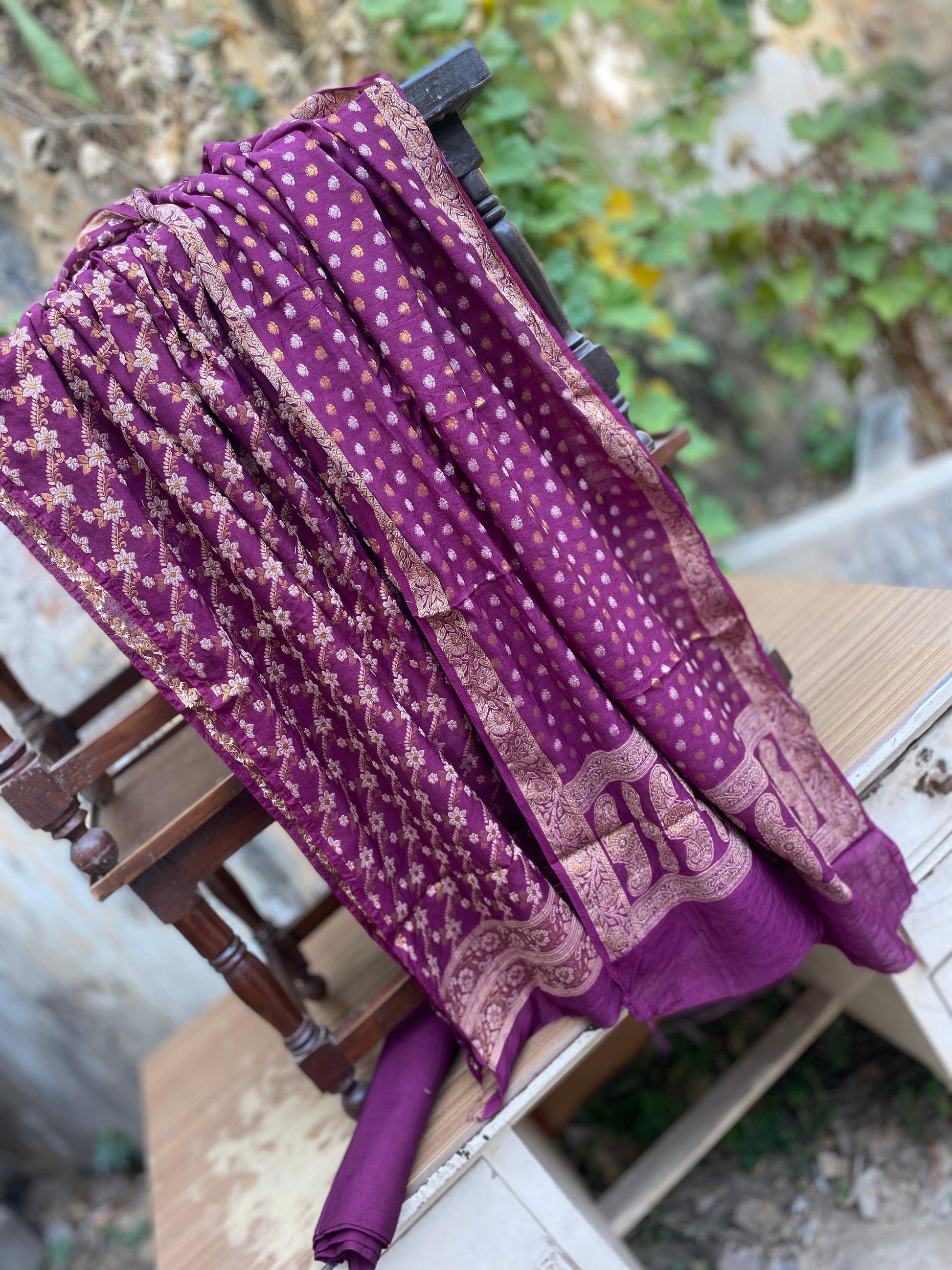 Handwoven Purple Pure Banarasi Cotton Silk 3 pcs ladies Suit by Shades Of Benares - banarasi - banarasi saree shop