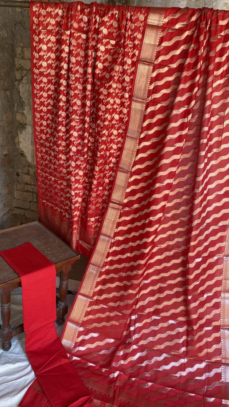 Handwoven Red Cotton Silk 3 pcs Dress Material - Shades Of Benares