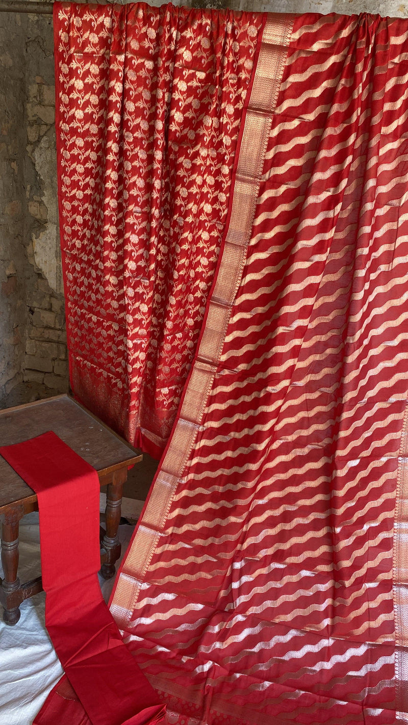 Handwoven Red Cotton Silk 3 pcs Dress Material by Shades Of Benares - banarasi - banarasi saree shop