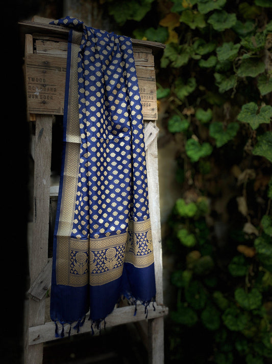 Handwoven Royal Blue Silk Dupatta by Shades Of Benares - banarasi - banarasi saree shop