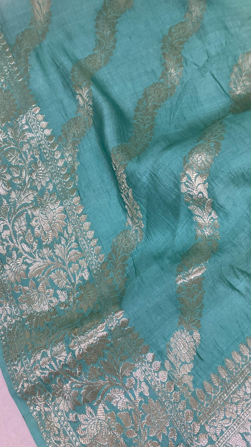Handwoven Sea Blue Pure Banarasi Silk Sari - Shades Of Benares