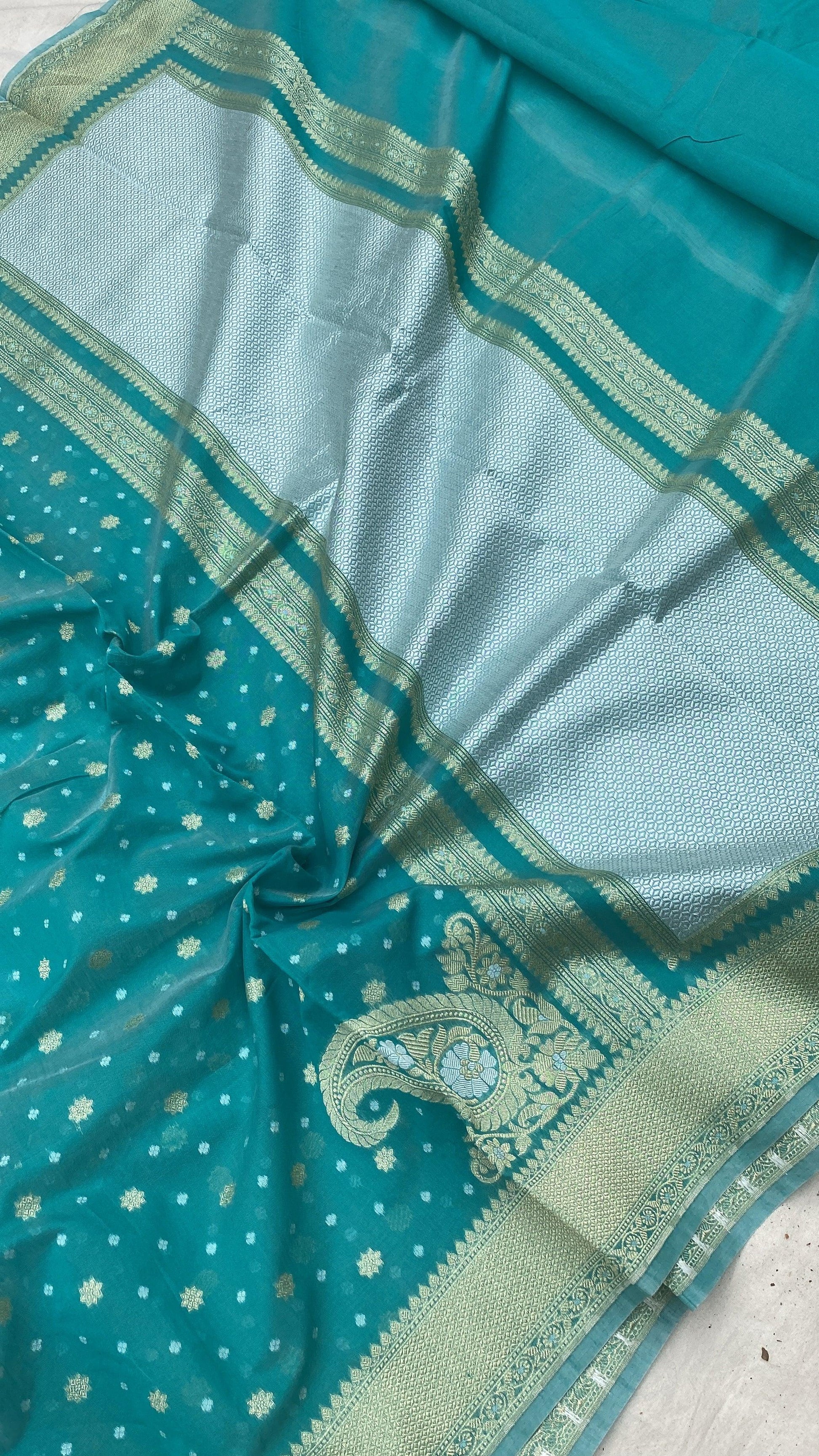 Handwoven Sea Green Pure Banarasi Cotton Sari by Shades Of Benares - banarasi - banarasi saree shop