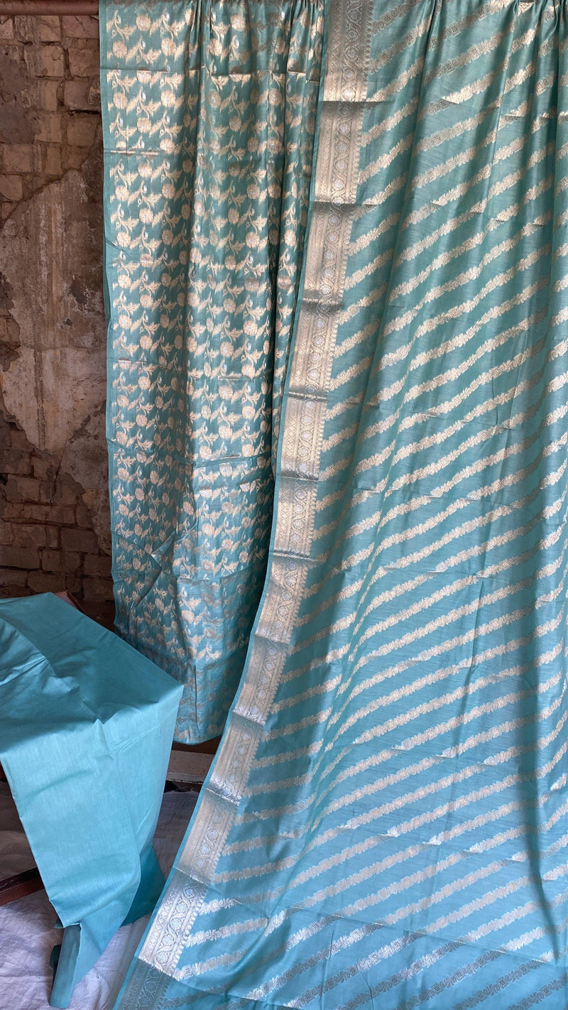 Handwoven Sky Blue Cotton Silk 3 pcs Dress Material - Shades Of Benares
