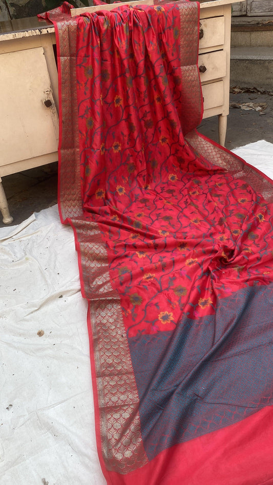 Handwoven Strawberry Pink Banarasi Silk Sari by Shades Of Benares - banarasi - banarasi saree shop