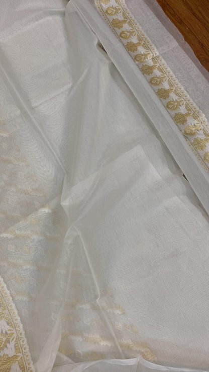 Handwoven White Pure Banarasi Cotton Sari by Shades Of Benares - banarasi - banarasi saree shop