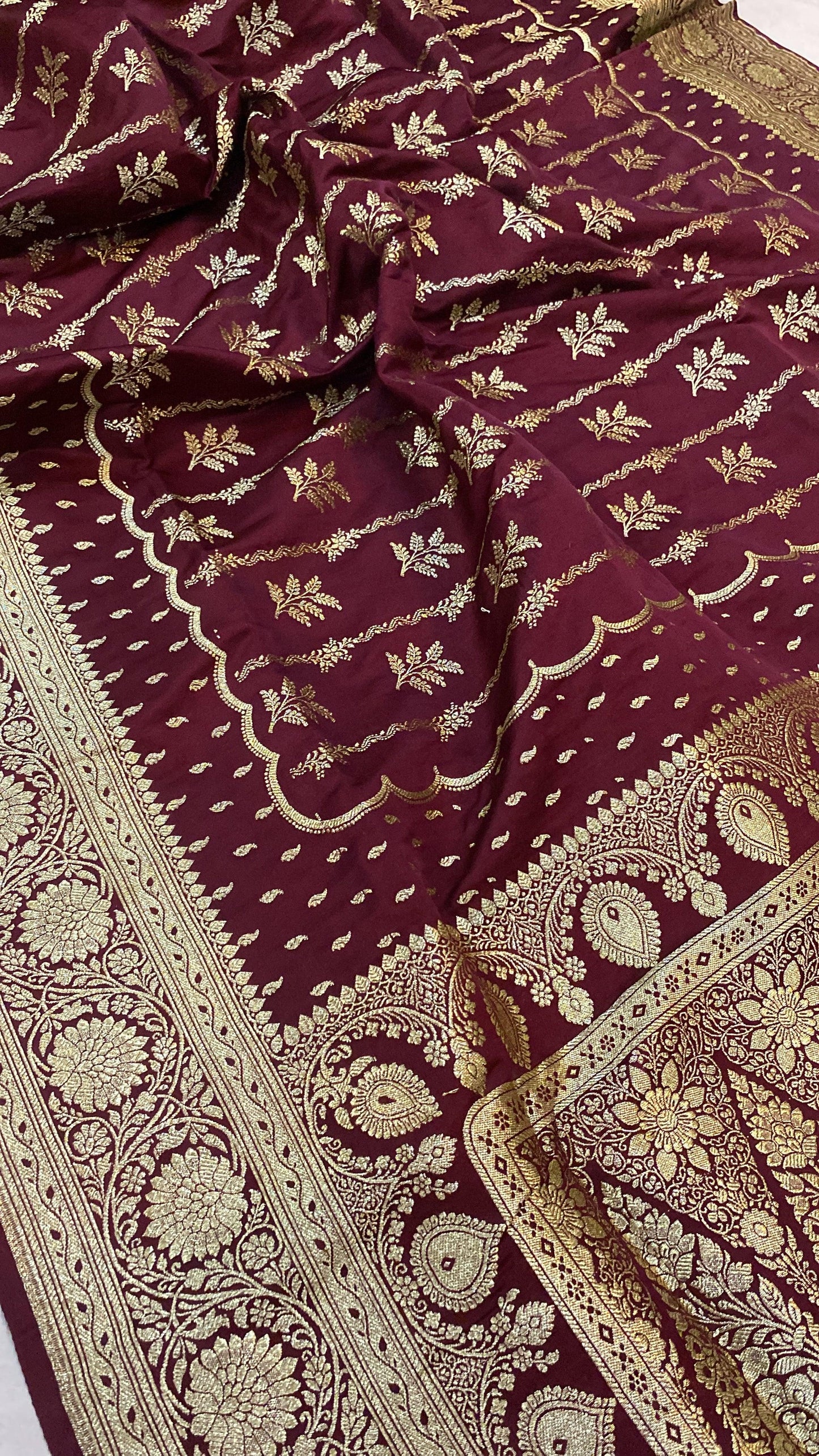 Handwoven Wine Banarasi Silk Sari by Shades Of Benares - banarasi - banarasi saree shop