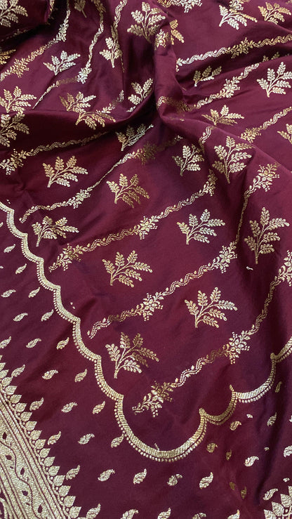 Handwoven Wine Banarasi Silk Sari by Shades Of Benares - banarasi - banarasi saree shop