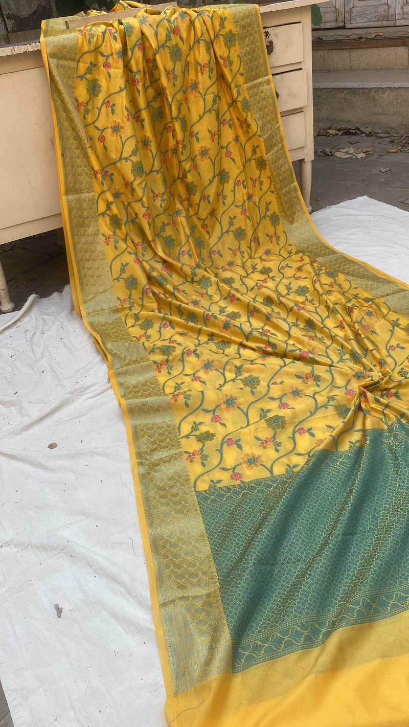 Handwoven Yellow Banarasi Silk Sari by Shades Of Benares - banarasi - banarasi saree shop