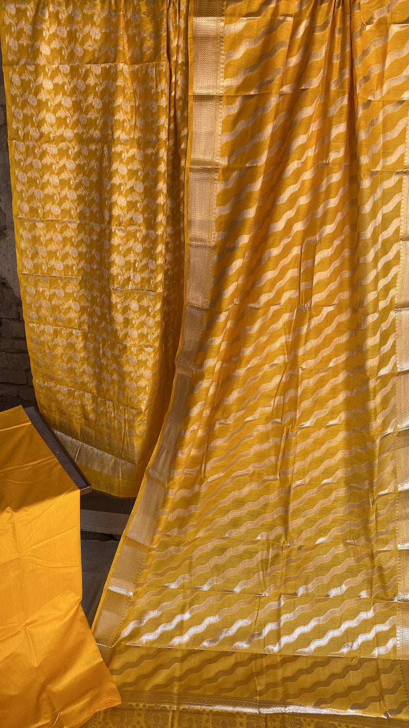 Handwoven Yellow Cotton Silk 3 pcs Dress Material - Shades Of Benares