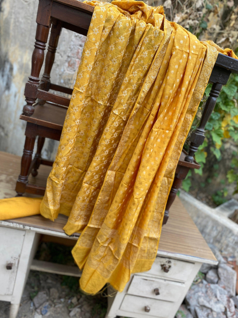 Handwoven Yellow Pure Banarasi Cotton Silk 3 pcs ladies Suit - Shades Of Benares
