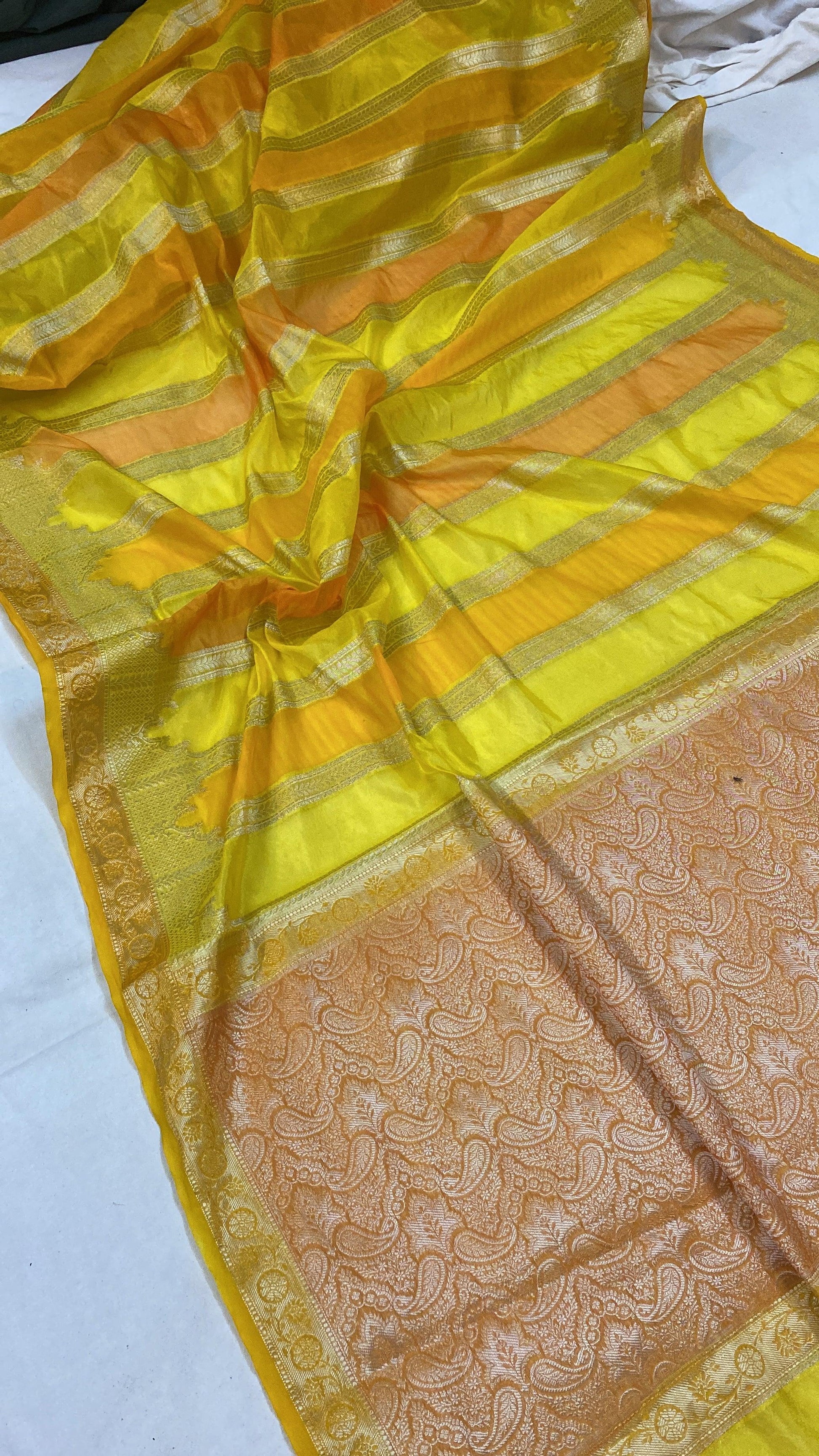 Handwoven Yellow Rangkaat Banarasi Silk Sari by Shades Of Benares - banarasi - banarasi saree shop