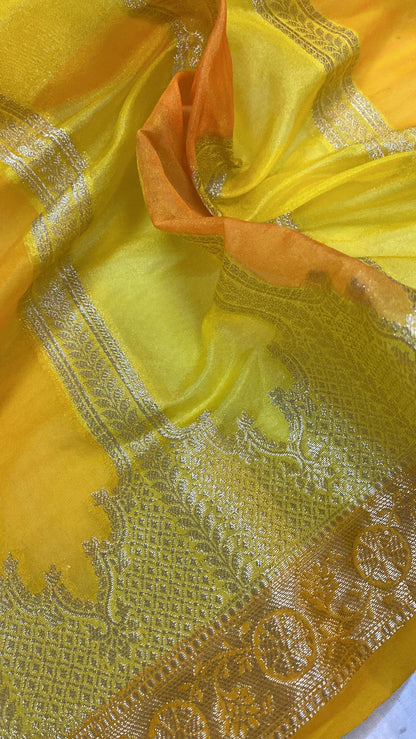 Handwoven Yellow Rangkaat Banarasi Silk Sari by Shades Of Benares - banarasi - banarasi saree shop