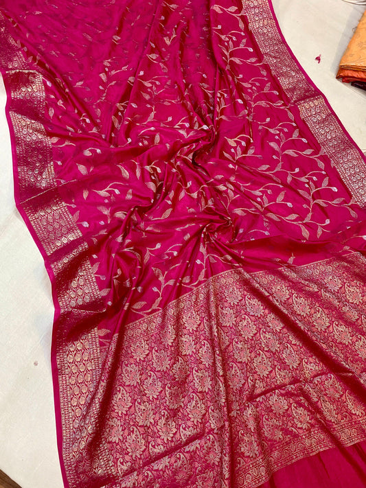 Hot Pink Handloom Crepe Butter Silk Banarasi Sari by Shades Of Benares - banarasi - banarasi saree shop