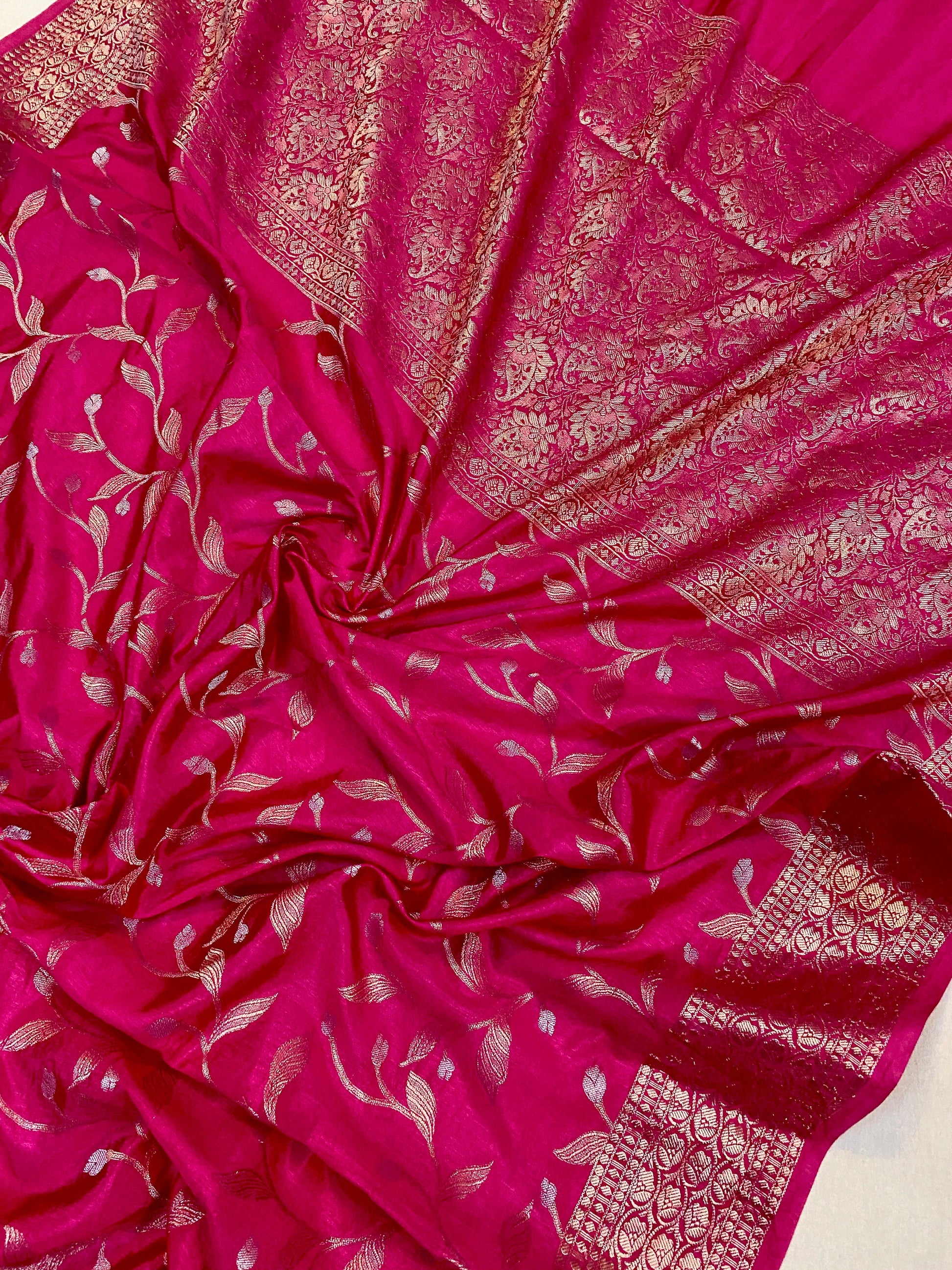 Hot Pink Handloom Crepe Butter Silk Banarasi Sari by Shades Of Benares - banarasi - banarasi saree shop