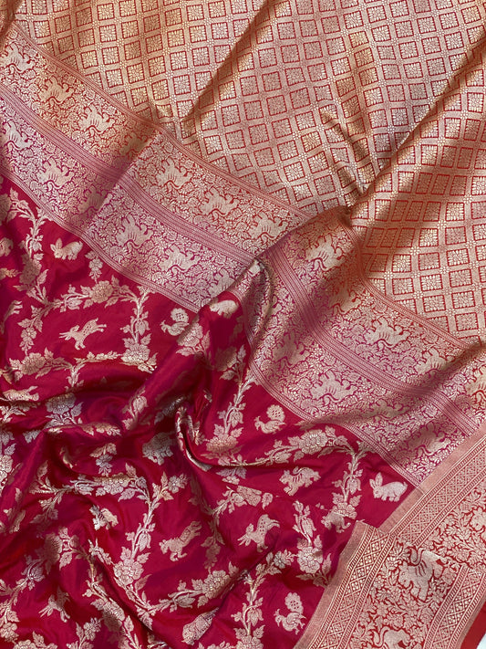 Hot Pink Handloom Pure Banarasi Shikargah Silk Sari by Shades Of Benares - banarasi - banarasi saree shop