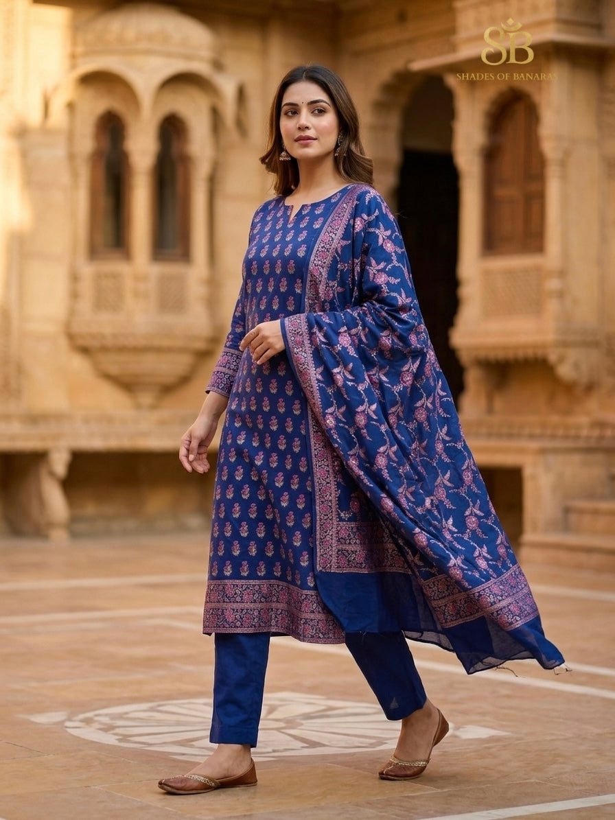 Imperial Indigo Blue Luxe Handloom Banarasi Katan Silk Suit Set - Shades of Banaras